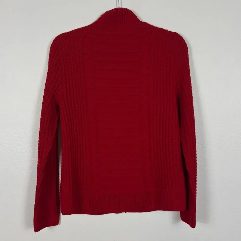 St. John Cable Knit Wool Silk Full Zip Mock Neck Cozy Luxury Sweater Small